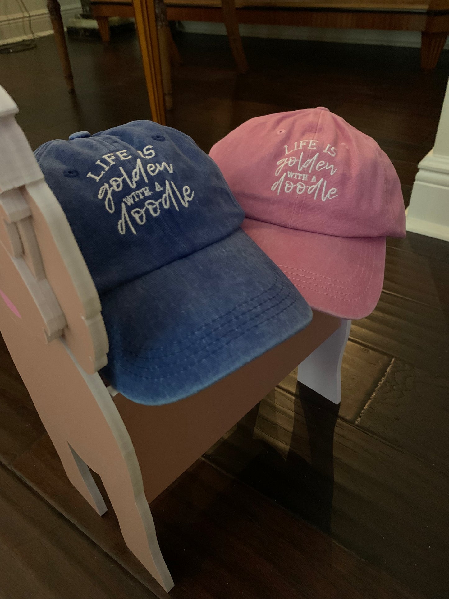 Embroidered LIFE IS GOLDEN WITH A DOODLE - Black, Blue or Pink Adjustable Hat - Adorable!