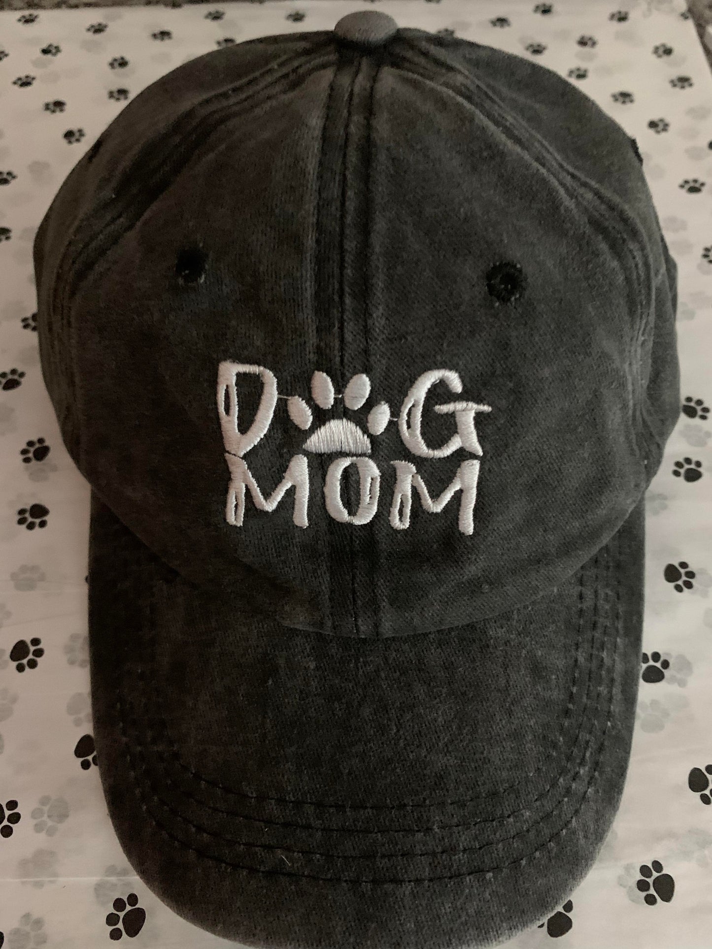 Embroidered DOG MOM Hat w/Paw Print - Ponytail Opening!