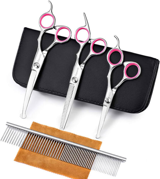 Professional Stainless Steel 4 Piece Grooming Set for Dogs & Cats - Safety Rounded Tips!