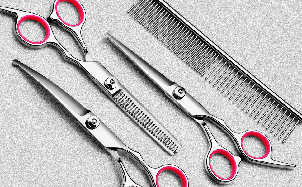 Professional Stainless Steel 4 Piece Grooming Set for Dogs & Cats - Safety Rounded Tips!