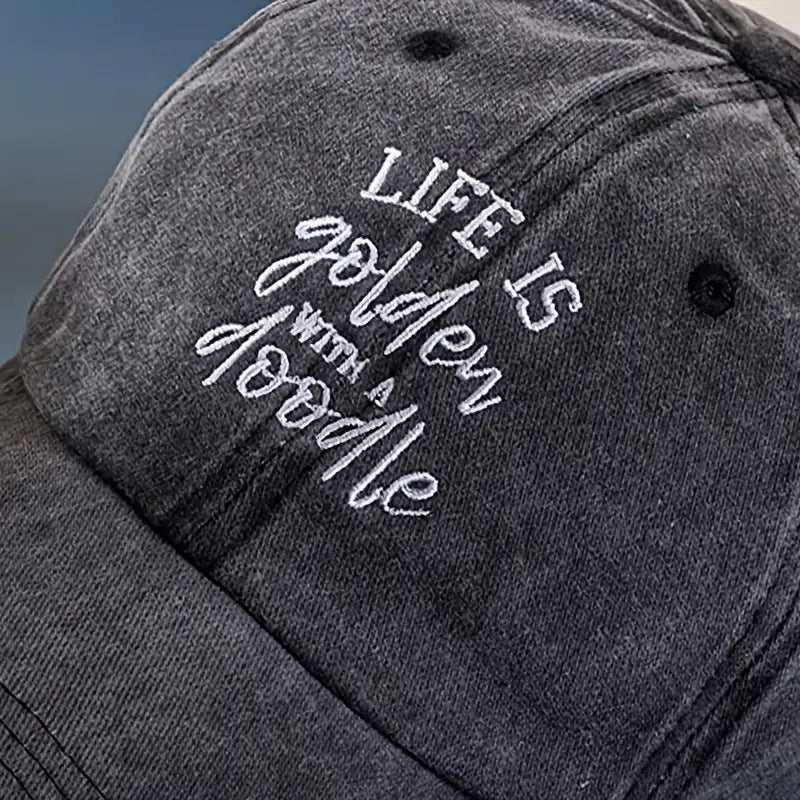 Embroidered LIFE IS GOLDEN WITH A DOODLE - Black Adjustable Hat - Adorable!