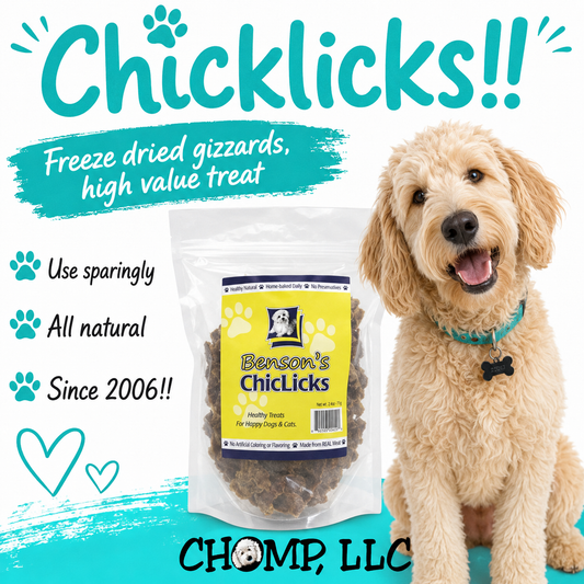 CHICKLICKS made by Benson's, Freeze Dried Gizzards, High Value!! (6 oz) Not for Puppies. NEW SIZE!!