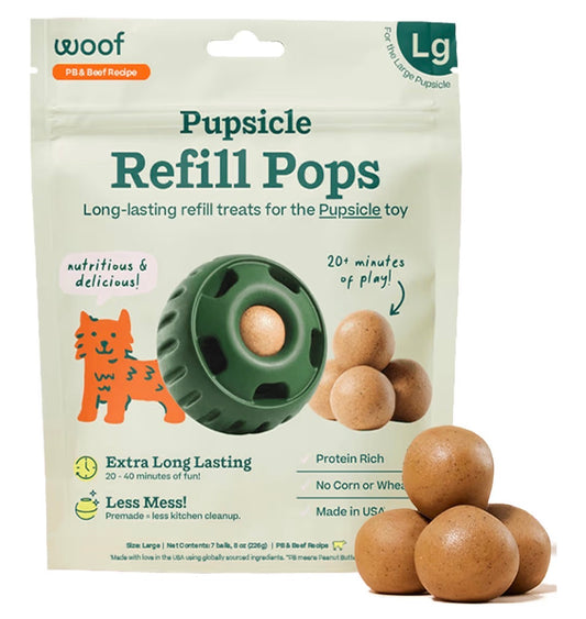 WOOF Pupsicle Refill Pops - Low-Mess Dog Snacks - with Peanut Butter and Beef - Dog Treats - Long Lasting - Large Pops - 7 Count