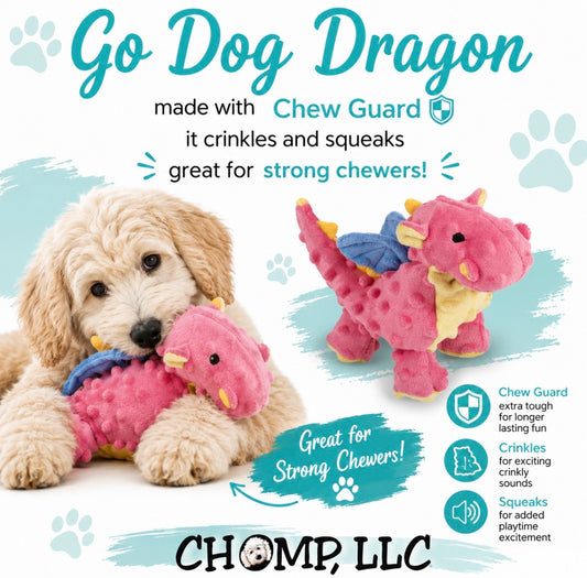 GO DOG DRAGON!! Made with Chew Guard Squeaky Crinkly Plush Puppy Dog Toy