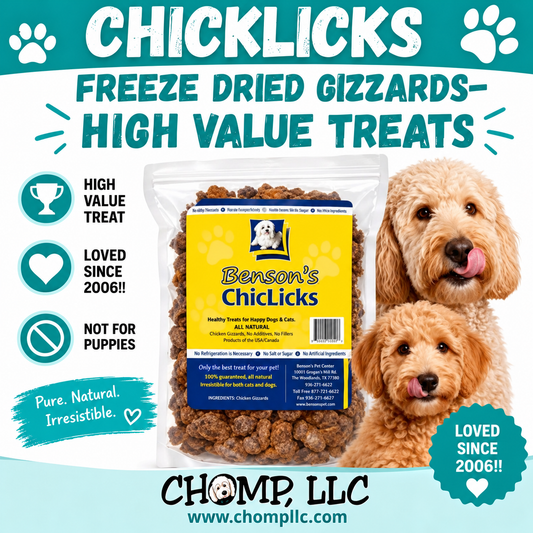 CHICKLICKS made by Benson's, Freeze Dried Gizzards, High Value!! (6 oz) Not for Puppies. NEW SIZE!!