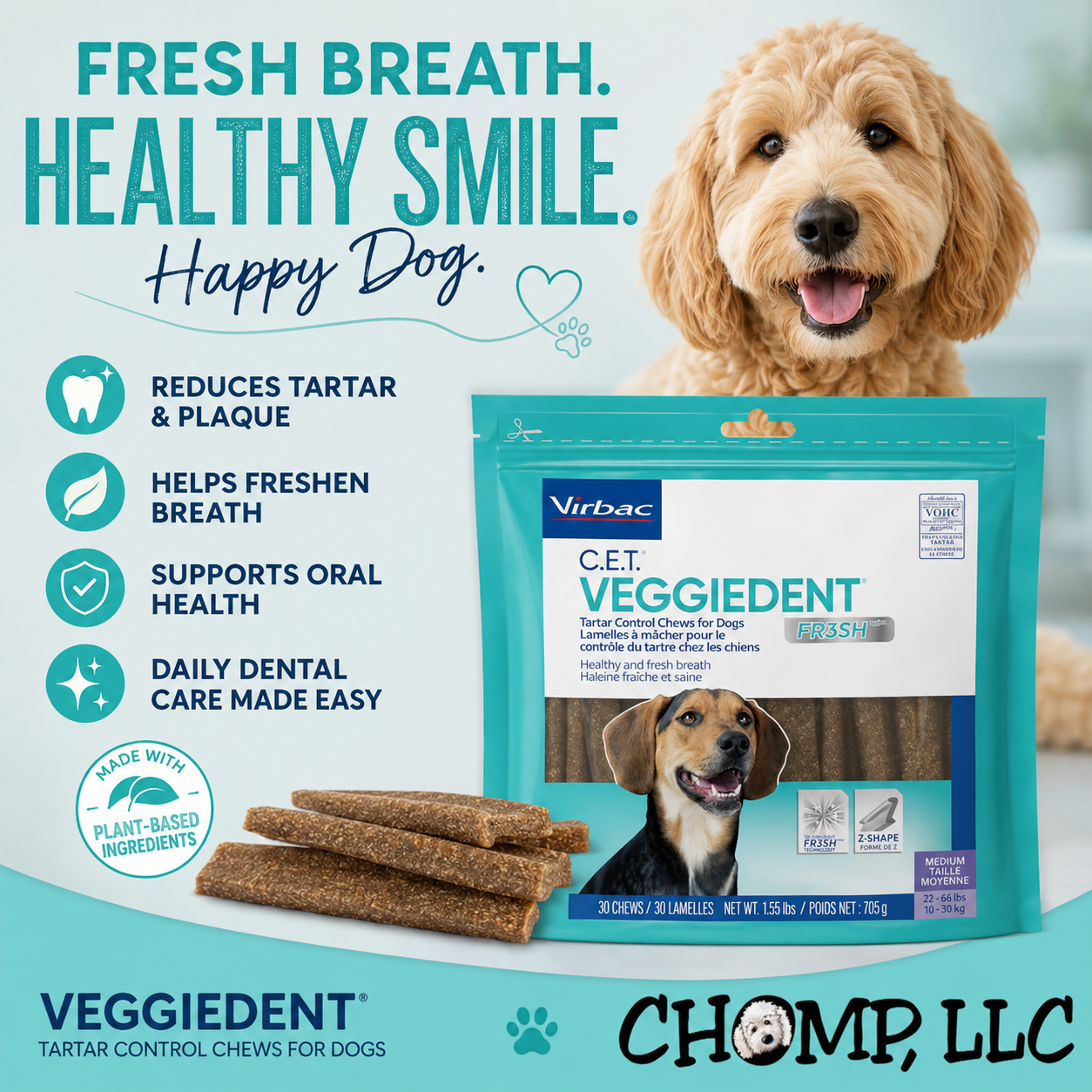C.E.T. VEGGIEDENT Dental Chews for Dogs!! Vet Approved!! 30CT BAG