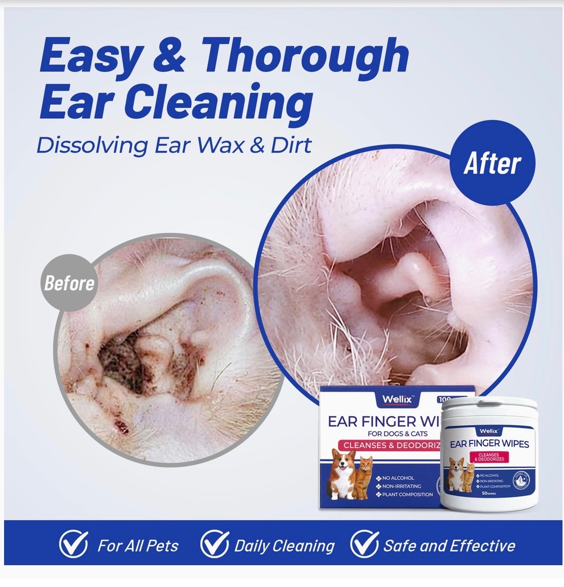 WELLIX PET EAR FINGER WIPES for Dogs and Cats!! Recommended by Moss Creek’s Groomer!!